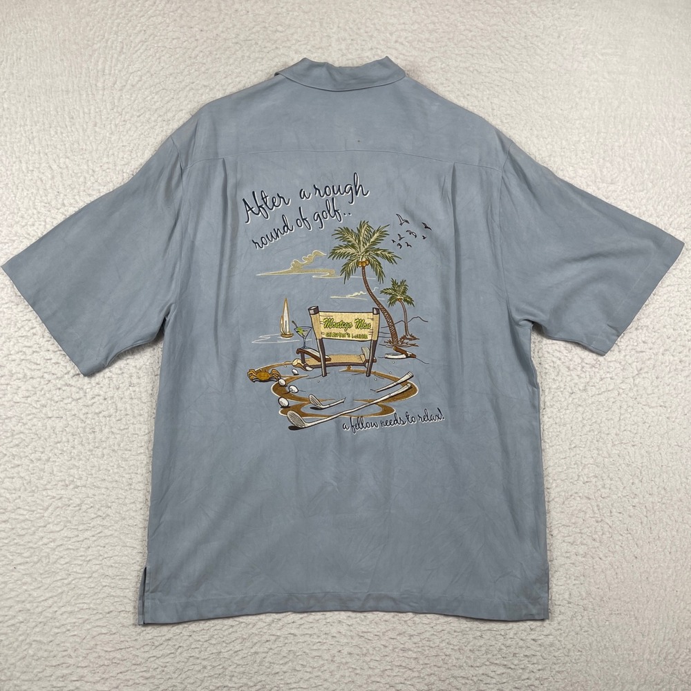 Montego Mon Silk Golf‎ Shirt Mens Medium Blue Embroidered Graphic Camp Aloha
